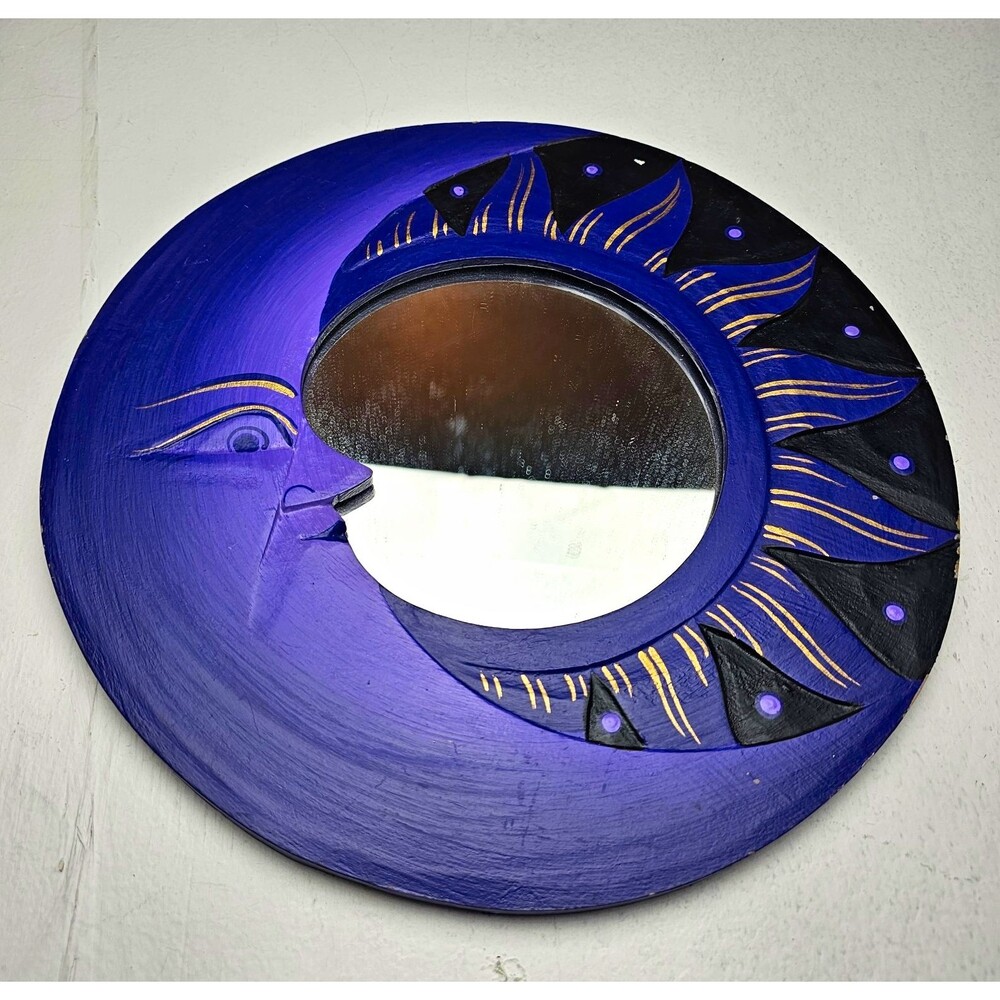 Celestial Sun & Moon Round Wall Mirror 12in Framed Painted Wood Whimsygoth